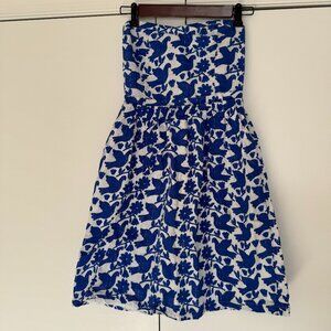 Old Navy Blue Bird Print Strapless Dress Silver Lurex Metallic Detail Size 2